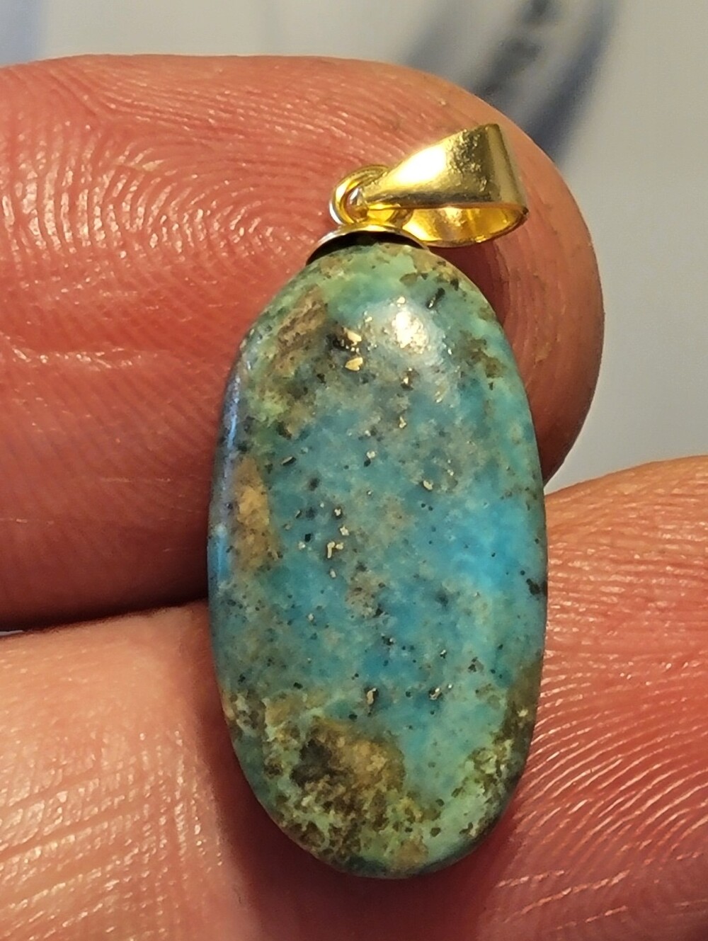 Genuine Blue Turquoise Gold Vermeil Pendant, Oval Matrix Stone, 925 Silver